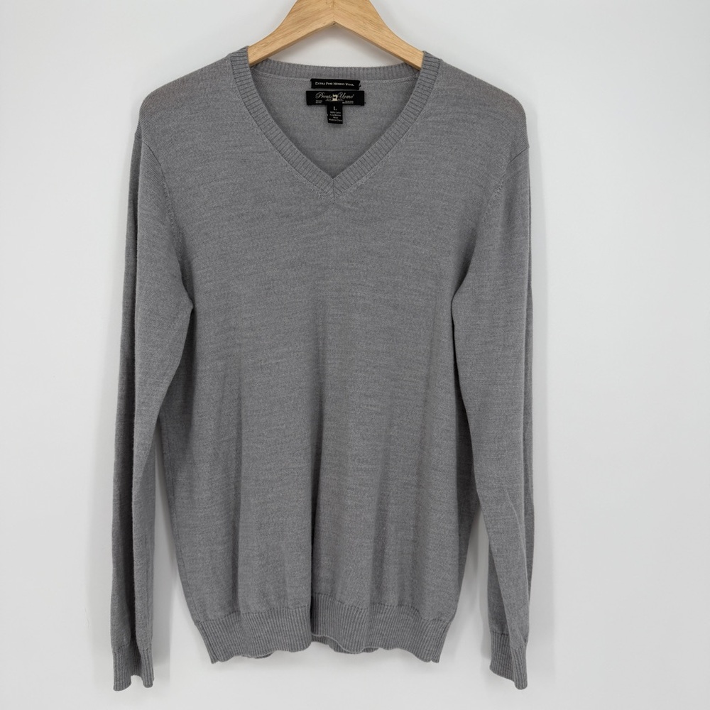 Merino Wool V Neck Gray Sweater L Business Casual Preppy Quiet Luxury Knit